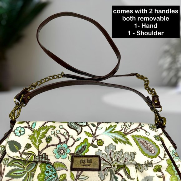 Gigi Hill Medium Green Brown White Floral 2 pocket Hand Shoulder Purse - Picture 11 of 12